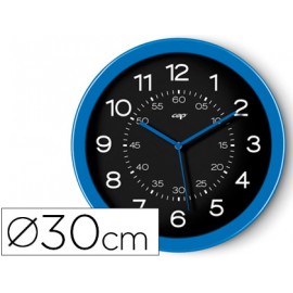 RELOJ DE PARED PLASTICO OFICINA REDONDO 30 CM DE DIAMETRO COLOR AZUL Y ESFERA COLOR NEGRO