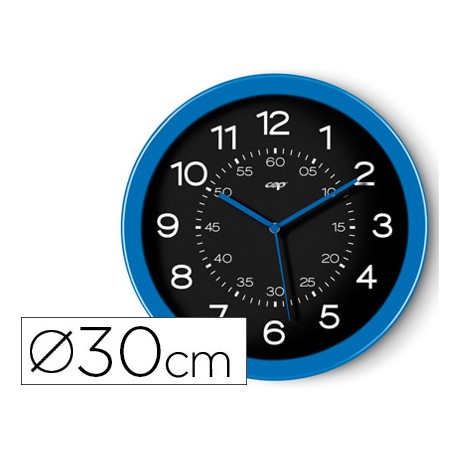 RELOJ DE PARED PLASTICO OFICINA REDONDO 30 CM DE DIAMETRO COLOR AZUL Y ESFERA COLOR NEGRO