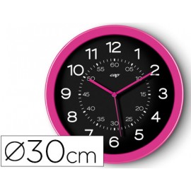 RELOJ CEP DE PARED PLASTICO OFICINA REDONDO 30 CM DE DIAMETRO COLOR ROSA Y ESFERA COLOR NEGRO